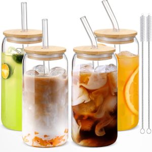 4-delige Drinkglazenset met Deksel & Rietje - Blikvormige Glazen voor Ijskoffie, Cocktails, Smoothies, Water & Soda