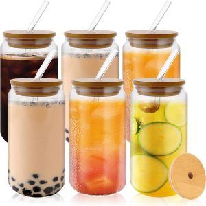 6-delige Glazen Drinkbekerset 500 ml - Met Deksel & Rietje - Voor Latte, Ijskoffie, Smoothies, Sap & Cocktails