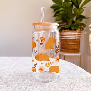 Creasowl® Libbey Glazen Drinkbeker 500ml met Deksel en Glazen Rietje - Koffiebeker - Koffie beker - Theemok - Capybara Drinkbeker voor Smoothies, Frisdranken, Koude Dranken en Ijskoffie Beker - Herbruikbare Koffiebeker voor Thuis en Onderweg