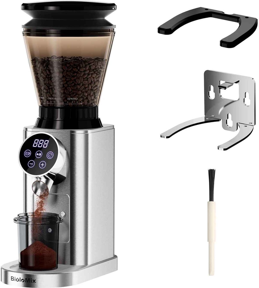 De Warenloods - Professionele Elektrische Koffiemolen - Coffee Grinder - Touchscreen - Met Afneembare Houder voor Espresso, Filterkoffie en Franse Pers - RVS