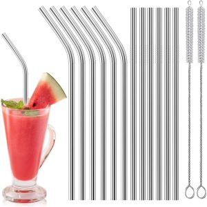 EXCITAT 12 herbruikbare rietjes - RVS rietjes - 6 rechte rietjes + 6 gebogen rietjes - 21 cm - Wordt geleverd met 2 reinigingsborstels - Geschikt voor cocktails, ijsmelk, thee, milkshakes, ijskoffie