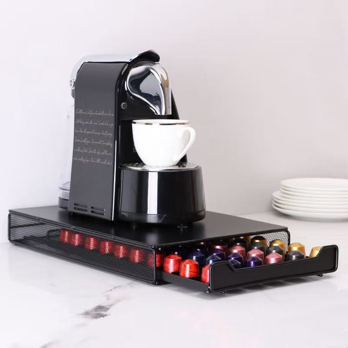 Koffiecups Houder - Coffee Cup Organiser - Capsulehouder - Geschikt voor Nespresso en Starbucks Cups - 60 Cups - Cuphouder - Inclusief Soepele Lade - Zwart