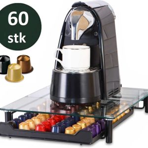 Cheffinger - Glazen Capsule Houder met Lade - 60 Cups - Espresso Koffie Pad en Cups Houder - Glas en RVS - Zwart