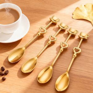Decopatent - 4x Koffiekop Koffielepels / Theelepels Goud - RVS Koffie & Thee Lepeltjes met Koffiekopje - Goud kleurig