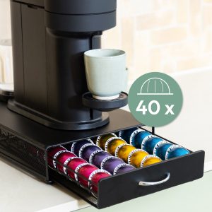Gadgy Capsulehouder voor 40 Vertuo cups - Koffiecups houder met lade - Zwart - RVS