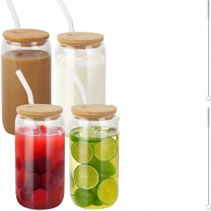 Glazen Set 4 Stuks - 500 ml met Bamboedeksel en Glazen Rietje - Duurzaam, Herbruikbaar en BPA-vrij - Voor Smoothies, Ijskoffie, Bubble Tea en Koude of Warme Dranken