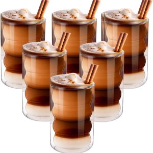 JeiibrZui Latte mokken - IJskoffie mokken - Dubbelwandig ontwerp, hittebestendig borosilicaatglas - Set van 6 - Transparant