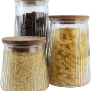OTIX Voorraadpotten - Glas - met Deksel - Snoeppotten - Set van 3 - Voedselopbergers - Koffiepads Bewaarbus - Acacia Wood - Diverse Maten - SIRIUS