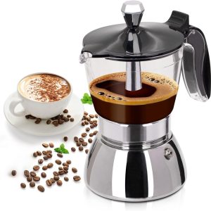 200ml Transparante Kunststof Moka Pot met Roestvrijstalen Onderdelen - 4 Kopjes, Italiaans Klassiek Fornuis Espressomachine, Geschikt voor Thuis, Kamperen & Reizen