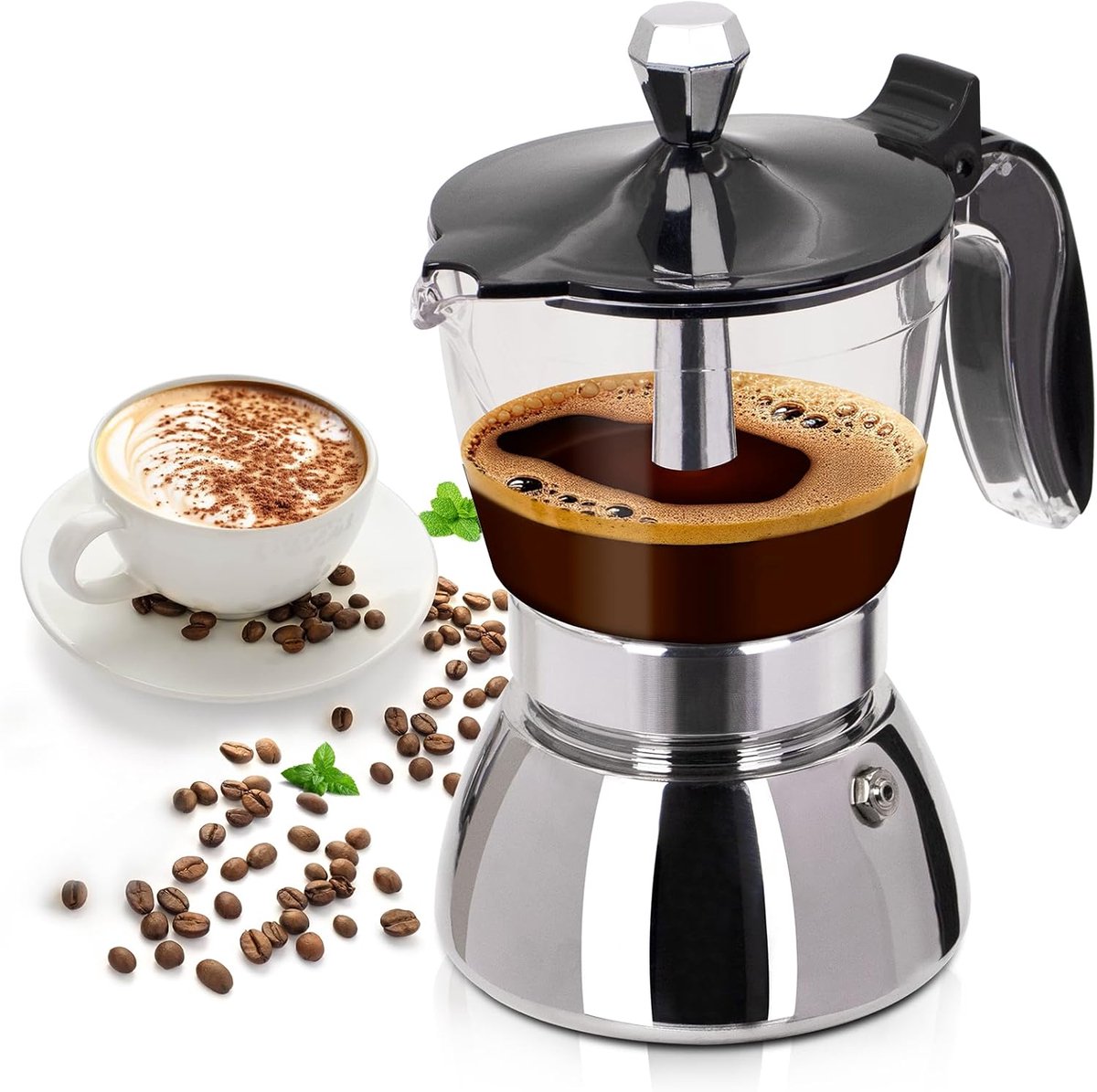 200ml Transparante Kunststof Moka Pot met Roestvrijstalen Onderdelen - 4 Kopjes, Italiaans Klassiek Fornuis Espressomachine, Geschikt voor Thuis, Kamperen & Reizen
