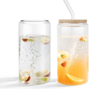 2x Borosilicaatglazen Drinkglazen 18,6oz/550ml Ijskoffie Glazen Met Bamboe Deksel & Glasrietje, Bierglazen Voor Bubble Tea, Cola, Latte, Transparante Glazen Bekers Voor Kamperen Feesten Partijen NAIZY