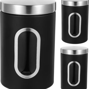 3 stuks - Koffie Bewaarbus - Koffieblik - Koffiebussen - Voorraadbus - bewaarpot - luchtdicht - RVS - 11*17.5cm - zwart - met kijkvenster - Bewaarblik voor Koffie, Koffiebonen, Thee, Suiker, etc.