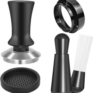 51 mm espresso-accessoirekit - Roestvrijstalen koffiestamper - Veerbelaste kalibratiestamper - WDT-gereedschap en trechterset - Geschikt voor espressomachines - Compatibel met 51 mm espressomachines en draagbare koffiezetapparaten-zwart