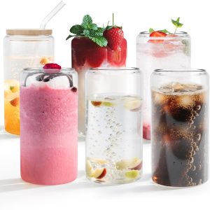 6x Borosilicaatglazen Drinkglazen 18,6oz/550ml Ijskoffie Glazen Met Bamboe Deksel & Glasrietje, Bierglazen Voor Bubble Tea, Cola, Latte, Transparante Glazen Bekers Voor Kamperen Feesten Partijen NAIZY