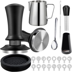 7-delige espresso-accessoireset, 58 mm espressostamperset, met espressostamper, WDT-tool, koffieroerstaafje, melkschuimkan, latte art-pen, tampermat en koffiesjablonen voor espressomachine