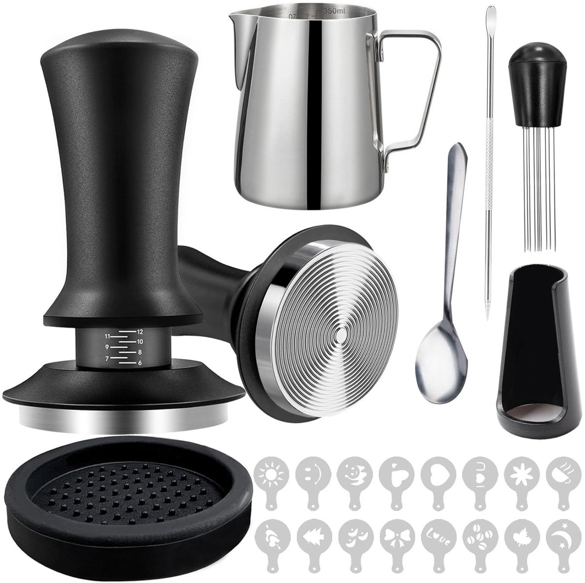 7-delige espresso-accessoireset, 58 mm espressostamperset, met espressostamper, WDT-tool, koffieroerstaafje, melkschuimkan, latte art-pen, tampermat en koffiesjablonen voor espressomachine