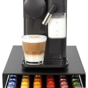 Capsulehouder met Lade - Koffiecups houder - Geschikt voor Nespresso - 60 Cups - RVS - Zwart met Bamboe Hout