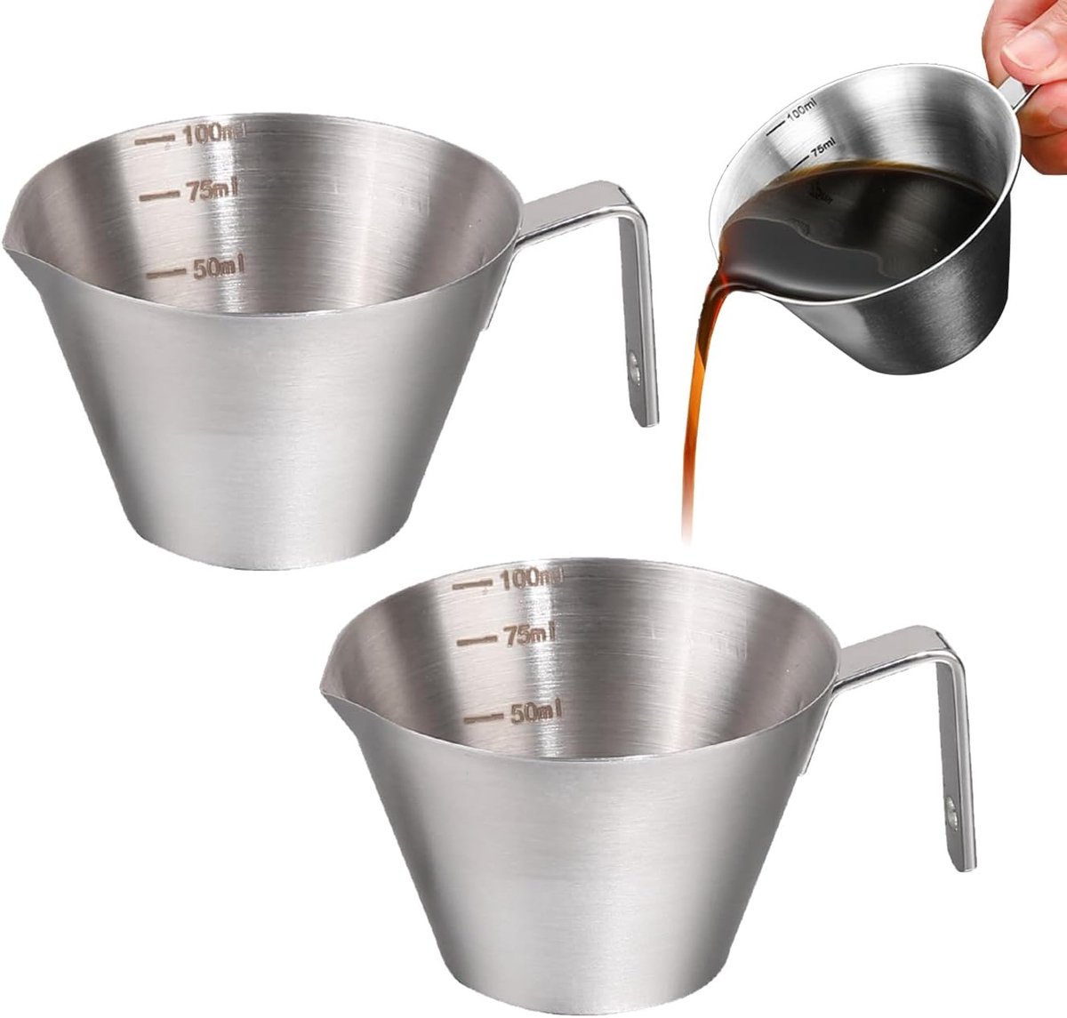 Daity Set van 2 espressokopjes met handvatten, roestvrijstalen koffiebonendoseerbekers van 100 ml (3,4 oz), accessoires voor espressomachines, metalen doseerbeker met V-hals en maatverdeling, geschikt voor bars en familiebijeenkomsten.
