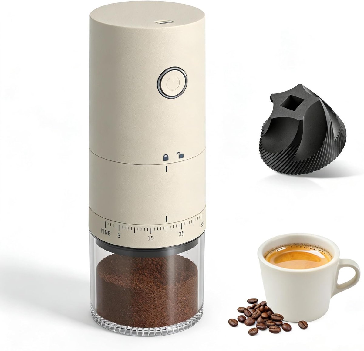 Draagbare elektrische koffiemolen met 38 instelbare maalstanden - USB-oplaadbare conische maalschijf met keramische kern. Deze koffiemolen is geschikt voor espresso, French press, reizen, kamperen, thuis en op kantoor.
