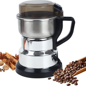 Elektrische koffiemolen - zilveren kruidenmolen, één-knop bediening voor koffiebonen, kruiden, droge kruiden, noten etc. - 1 plastic borstel en 1 plastic lepel inbegrepen