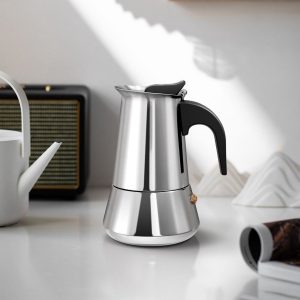 Italiaanse espressomachine, 100 ml, capaciteit voor 2 kopjes, koffiezetapparaat, koffiekan, koffiezetkan, roestvrij staal, geschikt voor inductiekookplaat en open vuur.
