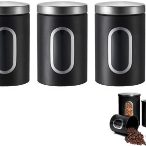Koffie Bewaarbus - 3 stuks zwart- voorraadpot met venster - Koffieblik - Koffiebussen - Voorraadbus - metaal - voorraadpot - bewaarpot - luchtdicht - met kijkvenster - Bewaarblik voor Koffie, Koffiebonen, Thee, Suiker, etc.