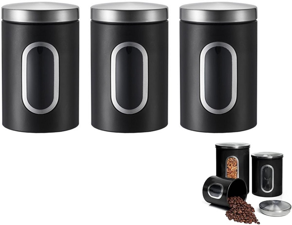 Koffie Bewaarbus - 3 stuks zwart- voorraadpot met venster - Koffieblik - Koffiebussen - Voorraadbus - metaal - voorraadpot - bewaarpot - luchtdicht - met kijkvenster - Bewaarblik voor Koffie, Koffiebonen, Thee, Suiker, etc.