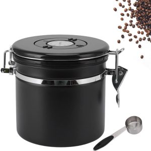 Koffieblik - Koffiebus - Bewaarblik - Bewaarbus Koffie - Koffiebewaarblik - Voorraadpotten - Voorraadbussen - Voorraadbus - Voorraadbus 1.8L - Met lepel - Luchtdicht Koffieblik met CO2 Uitlaat - Bewaarblik voor Koffie, Koffiebonen, Thee, Suiker