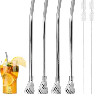 Set van 4 uitneembare roestvrijstalen theelepelfilterlepels met 2 reinigingsborstels, herbruikbare metalen theelepels voor het drinken van losse thee en ijskoffie (zilver)