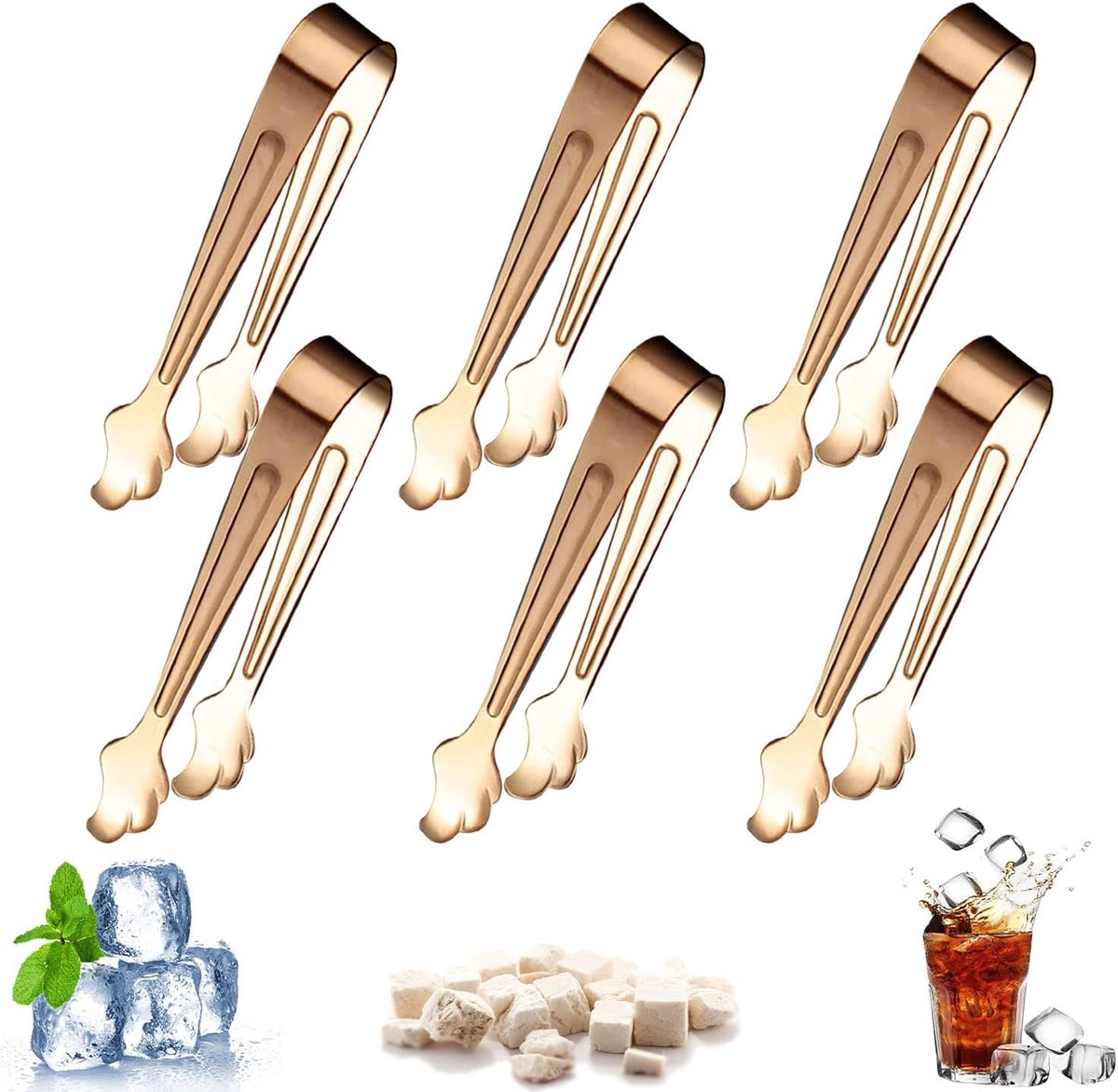 Suikertang van roestvrij staal (6 stuks) - Mini dikke ijsblokjeshouders voor feestmaaltijden, ijskoffie en suiker - Roségoud