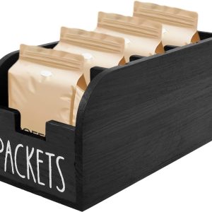 Tea Box met 4 Compartimenten - Houten Tea Holder voor Tea Storage - Zwarte Tea Bag Boxen - Tea Opslag voor Koffiepads - Organizer Box (Zwart)