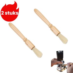 2-delige - Reinigingsborstel voor koffiepoeder - Reinigingsborstel met houten handvat - Reinigingsborstel voor koffiemolenresten - Kaki