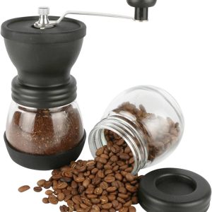4-delige mini handmatige koffiemolen set met kegelvormige keramische bramen, handmatig instelbare ruwheid, inclusief twee glazen potjes, reinigingsborstel en maatlepel