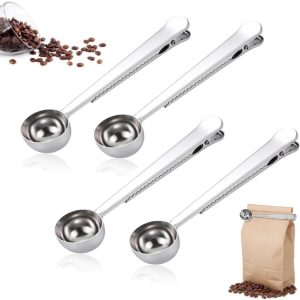 4 stuks - Koffielepel - Melkpoederlepel - Lepel met verzegelde clip - Met clip - Stevig en duurzaam - Zilver - Geschikt voor oploskoffie of bonenkoffie, thee, eiwitpoeder, koffiedik, suiker, bloem
