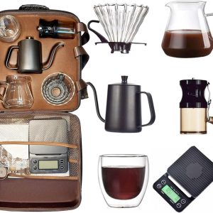 8-in-1 Complete Koffieset - Handmatige Molen, Glazen Dripper, Schenkwaterkoker, Weegschaal & Accessoires - Ideaal voor Kamperen & Reizen