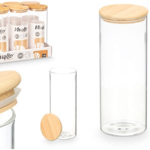 Bewaarpot - Glazen Voorraadpot - Borosilicaat Glas Bewaarpot met Bamboe Deksel - Keuken Voorraadbus - Transparante Voorraadpot Groot - Pasta Rijst Muesli - 1.8L - 10 x 10 x 25 cm - Transparant & Bamboe