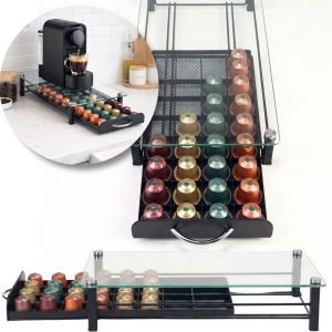 CUPHOUSE™ Universele Koffiecups Houder Transparant - 43x22x6.8CM - 40 Capsules - Stapelbaar - Roestvrij - Cuphouder - Geschikt voor Nespresso capsules - Koffie