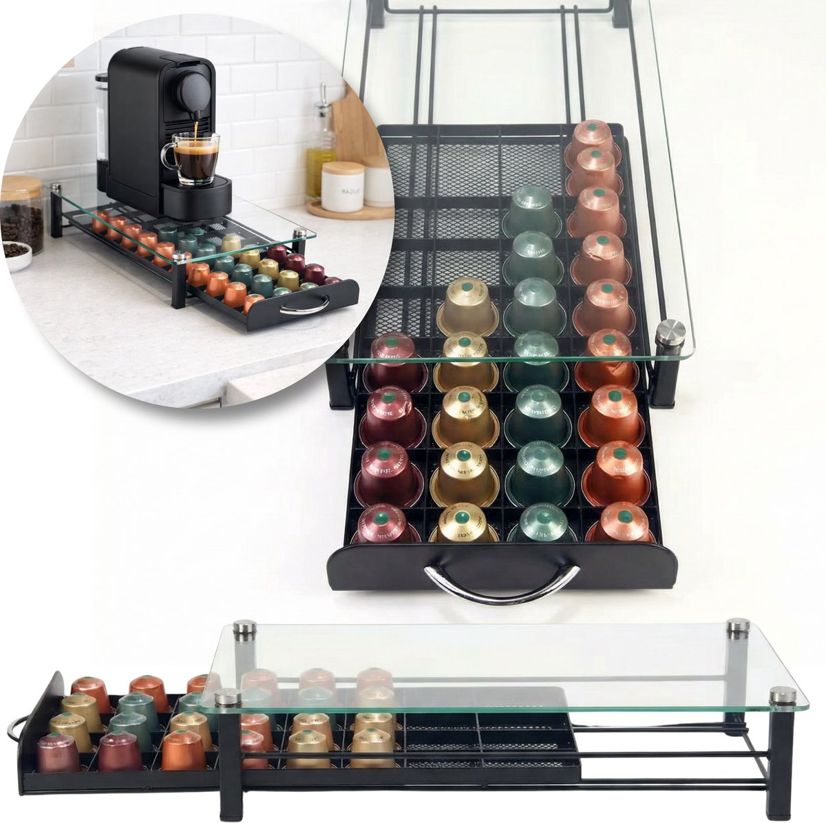 CUPHOUSE™ Universele Koffiecups Houder Transparant - 43x22x6.8CM - 40 Capsules - Stapelbaar - Roestvrij - Cuphouder - Geschikt voor Nespresso capsules - Koffie
