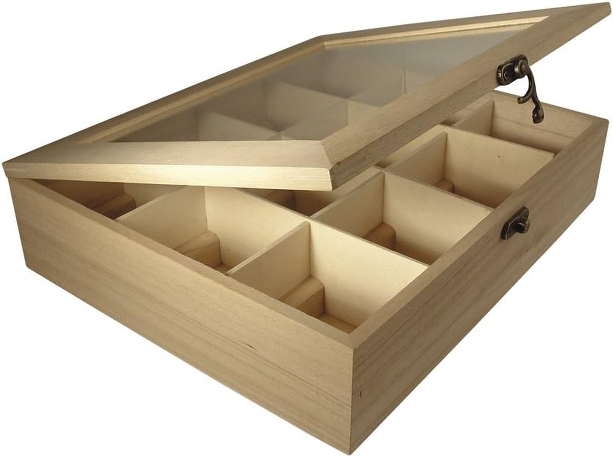 Candala DIY houten theedoos met 12 vakken, voor het opbergen van theezakjes, koffiepads, specerijen, kruiden enz., creatieve decoratieve doos, 28,5 x 23,5 x 7 cm, beige