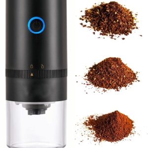 Draagbare elektrische koffiemolen maakt 4 kopjes espresso. Maalt grof, medium fijn en extra fijn koffiepoeder. Oplaadbaar via USB. Zwart.