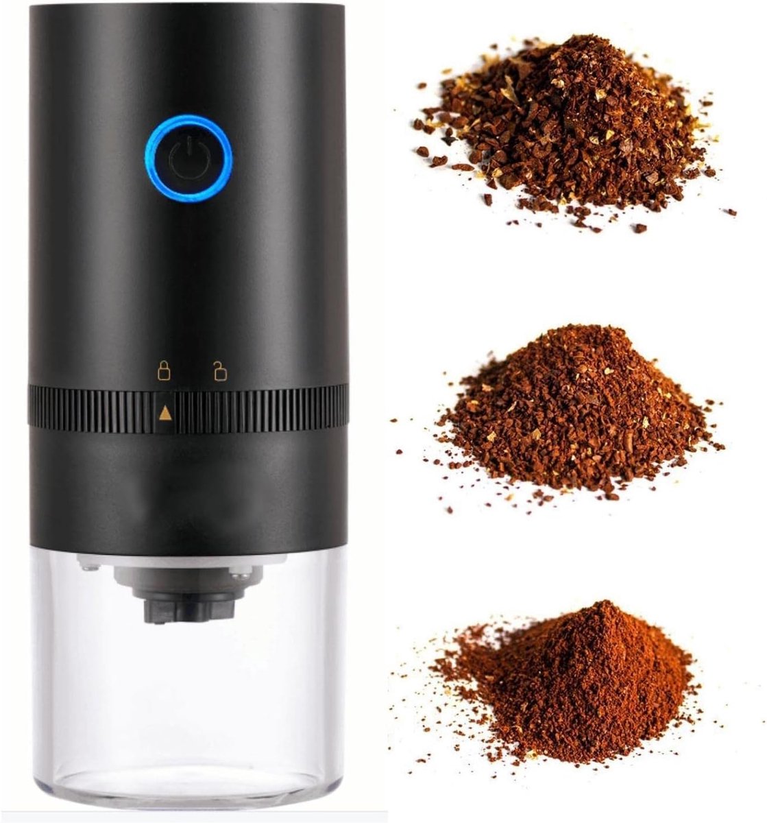 Draagbare elektrische koffiemolen maakt 4 kopjes espresso. Maalt grof, medium fijn en extra fijn koffiepoeder. Oplaadbaar via USB. Zwart.