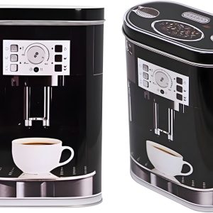 Excellent Houseware Koffie bewaarblik - 2x - zwart - koffiemachine print - 14 x 7 x 19 cm - bewaarbus