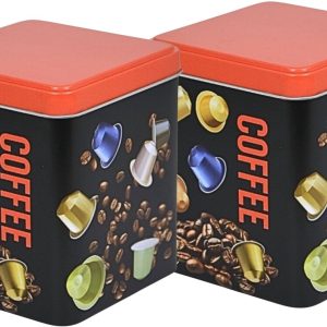 Excellent Houseware Koffie cupjes bewaarblik - 2x - zwart - cupjes en bonen print - 10 x 10 x 12 cm - bewaarbus