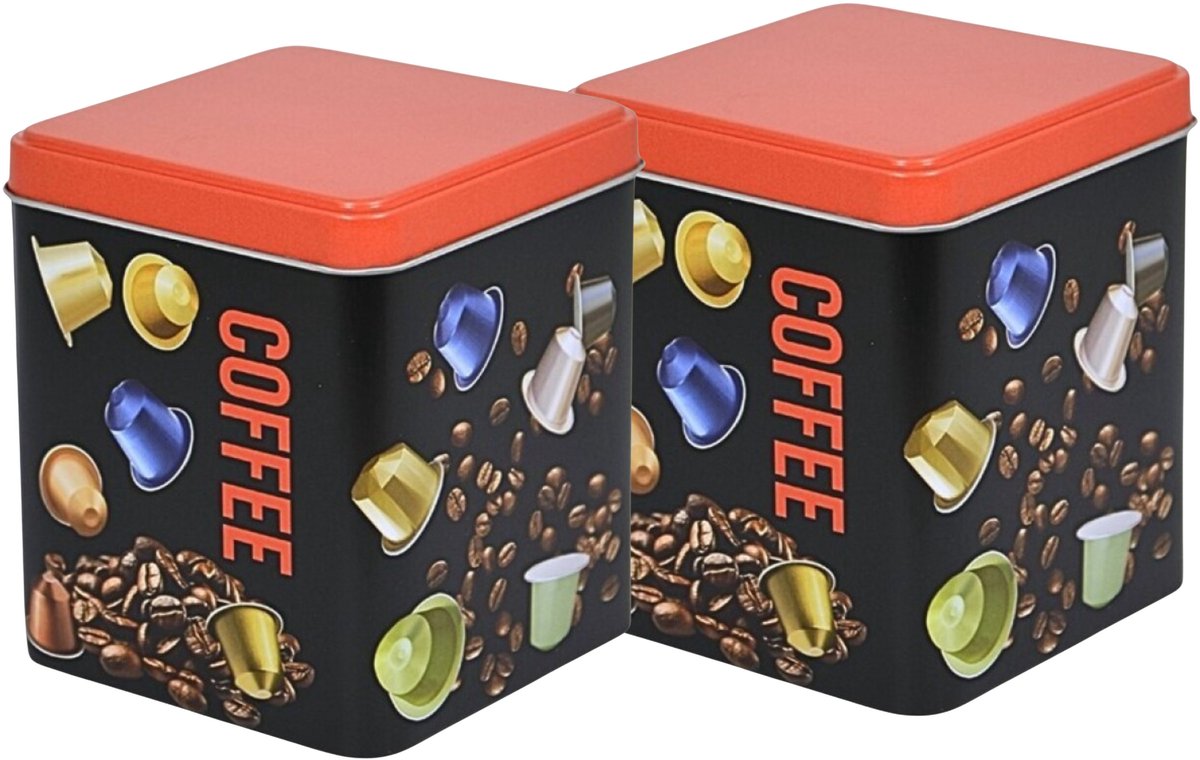Excellent Houseware Koffie cupjes bewaarblik - 2x - zwart - cupjes en bonen print - 10 x 10 x 12 cm - bewaarbus