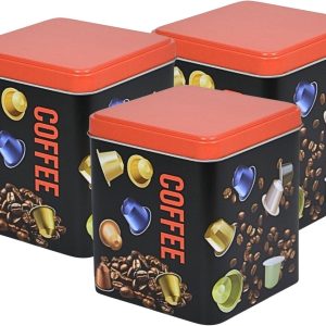 Excellent Houseware Koffie cupjes bewaarblik - 3x - zwart - cupjes en bonen print - 10 x 10 x 12 cm - bewaarbus