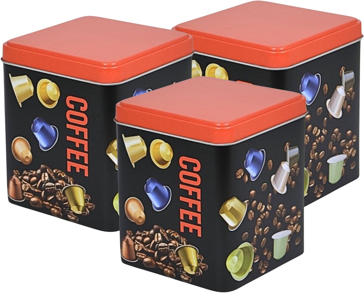 Excellent Houseware Koffie cupjes bewaarblik - 3x - zwart - cupjes en bonen print - 10 x 10 x 12 cm - bewaarbus