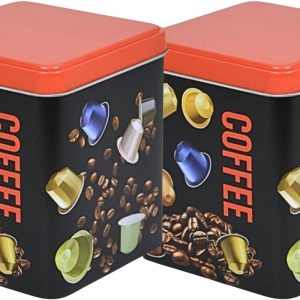 Excellent Houseware Koffie cupjes bewaarblik - 4x - zwart - cupjes en bonen print - 10 x 10 x 12 cm - bewaarbus
