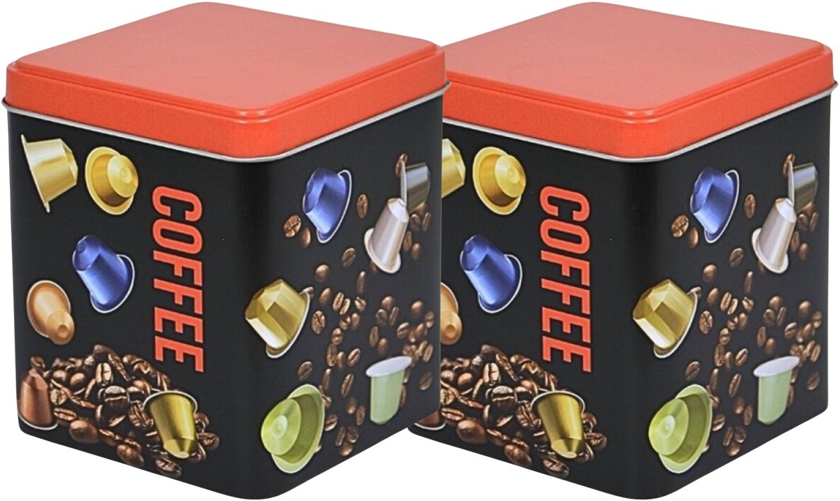 Excellent Houseware Koffie cupjes bewaarblik - 4x - zwart - cupjes en bonen print - 10 x 10 x 12 cm - bewaarbus