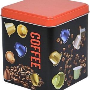 Excellent Houseware Koffie cupjes bewaarblik - zwart - cupjes en bonen print - 10 x 10 x 12 cm - bewaarbus