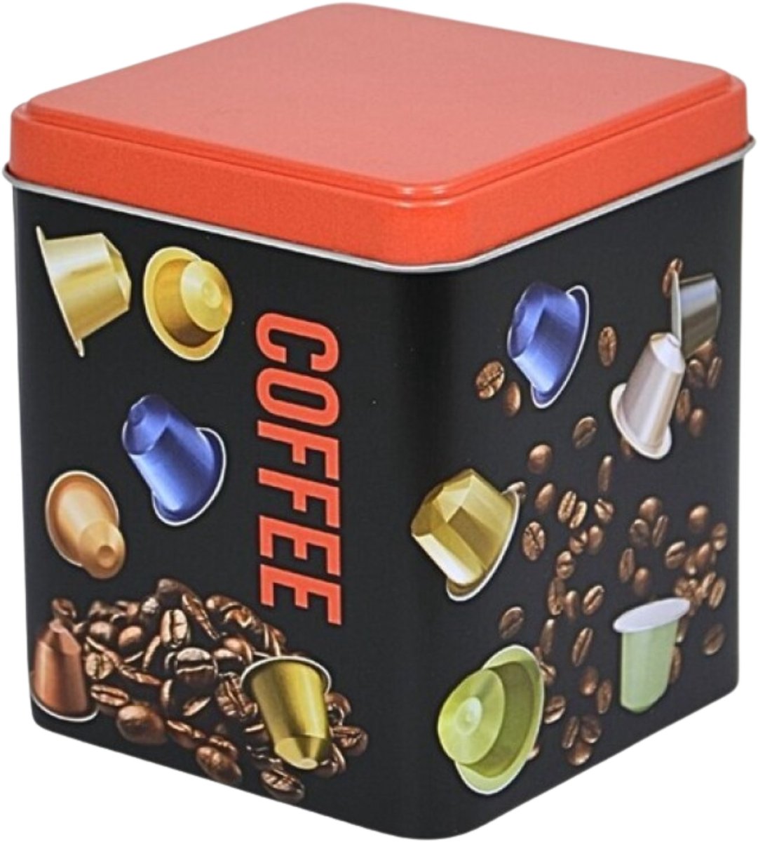 Excellent Houseware Koffie cupjes bewaarblik - zwart - cupjes en bonen print - 10 x 10 x 12 cm - bewaarbus